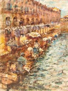 Lavandaie Sul Naviglio by Vittore Antonio Cargnel