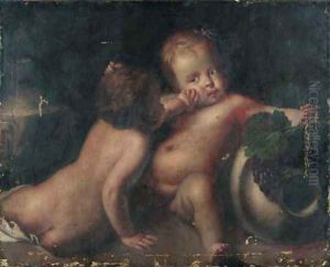 Putti desporting by a wine jar by Thomas Willeboirts Bosschaert