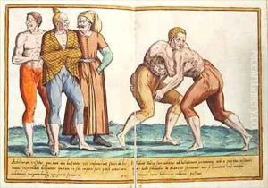 Turks wrestling, sixteenth century costumes from 'Omnium Poene Gentium Imagines' by Abraham de Bruyn