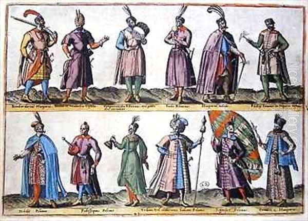Hungarian and Polish military dress during the Sixteenth century, from 'Costumes of Different Nations of Europe, Asia, Africa and America' - view 1