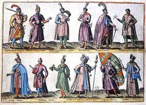 Hungarian and Polish military dress during the Sixteenth century, from 'Costumes of Different Nations of Europe, Asia, Africa and America' by Abraham de Bruyn
