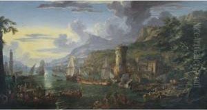 A Mediterranean Port At Sunset 
With Moored Battleships, Figures Unloading Their Wares From Various 
Boats And Bathers On A Bank