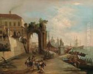 Porto Di Mare Con Monumento, Porta Urbana Palazzo E Carovana Di Mercanti