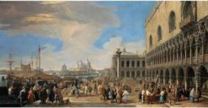 Venice, A View Of The Molo With 
The Doge's Palace Looking West Towards The Zecca And The Church Of Santa
 Maria Della Salute In The Distance by Luca Carlevarijs
