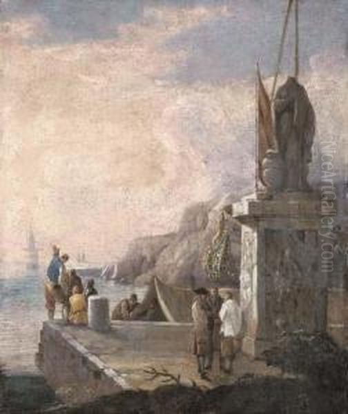 Figures On A Quayside With Shipping In Calm Waters - view 1