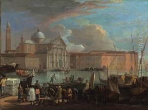 San Giorgio Maggiore, Venice, With A Fish Market by Luca Carlevarijs
