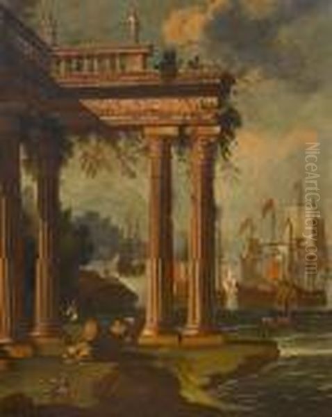 A Mediterranean Coastal Inlet
With Ruins On The Shore, Shipping At Anchor Beyond; And A Mediterranean
Harbour With Figures On The Quayside - view 1