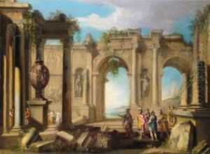 An Architectural Capriccio With Figures In Classical Dress Amongst Ruins