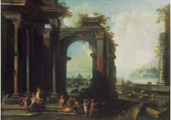 Le Cortege Triomphale De Bacchus Enfant Devant Des Ruines Antiques - view 1