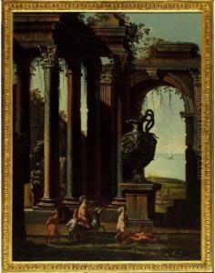 A Capriccio Of Classical Ruins With Putti Riding A Goat In The Foreground by Alberto Carlieri