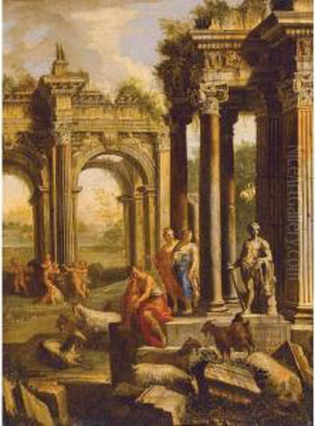 Capriccio Of A Ruined Corinthian Temple With Figures, A Landscape Beyond - view 1