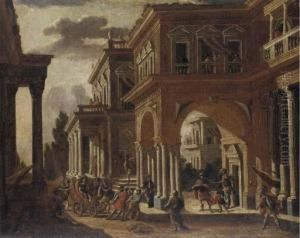 An Imaginary Palace With A Queen In A Chariot Being Presented To Aking