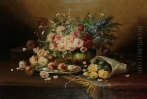 An Impressive Still Life Of Flowers And Peaches On A Table