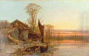 Landscape with a Ruined Cottage at Sunset