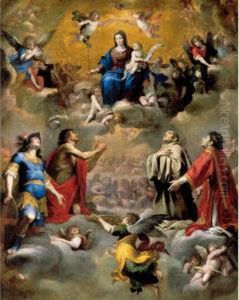 The Virgin And Child In Glory With Saints George, John The Baptist, Bernard And Lawrence by Giovanni Battista Carlone