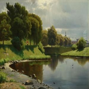Danish Summerlandscapewith Walking Woman Along Moat