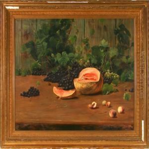 Still Life With Melon, Peaches, Blue And Green Grapes by Carl Christian E. Carlsen