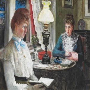 Interior With Two Women Sitting At A Table by Carl Christian E. Carlsen