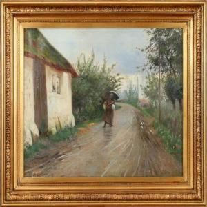 Carl Carlsen: Landscape With A Woman And A House. Signed Carl Carlsen 92 by Carl Christian E. Carlsen