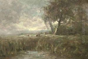 A landscape with pool, and cattle beyond