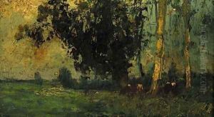 Cattle grazing near some trees in a meadow by George Boyle