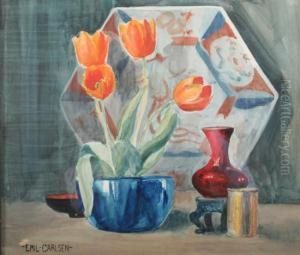 Still Life With Asian Charger And Tulips by Emil Carlsen