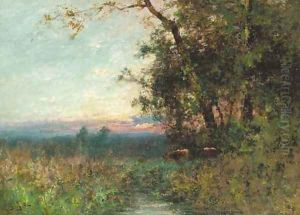 Cattle in a water meadow at dusk by George Boyle