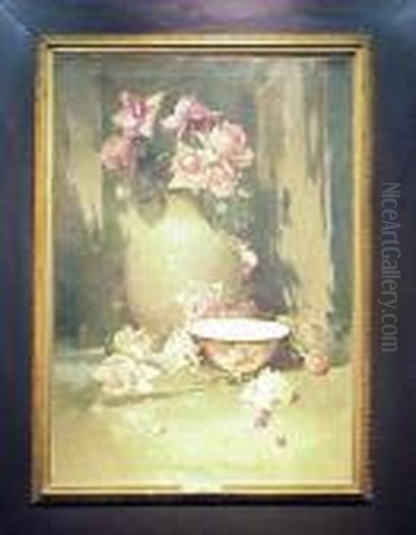 Vase Of Roses With Porcelain Bowl - view 1