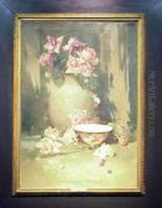 Vase Of Roses With Porcelain Bowl by Emil Carlsen