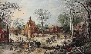 A wooded winter landscape with a cart