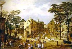 A view of a Flemish street with townsfolk and waggoners