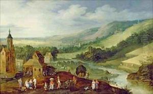 An extensive river landscape with peasants gathering the harvest by J. & Momper, J.de Brueghel