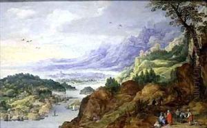 Mountainous coastal landscape with travellers at rest by J. & Momper, J.de Brueghel