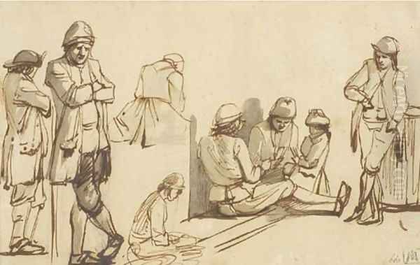 Three figures playing cards, with other figure studies - view 1