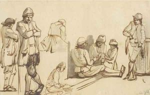 Three figures playing cards, with other figure studies