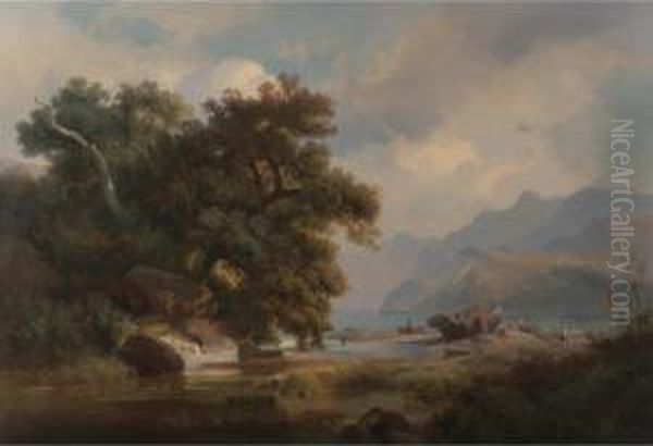 Net Menders In A River Landscape - view 1