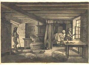 An interior with two men looking out a window, another entering the room by Jean-Jacques De Boissieu