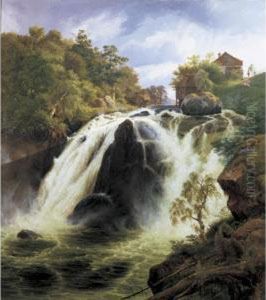 View Of The Waterfall At Stora Mollan, Sweden by Johann-Hermann Carmiencke