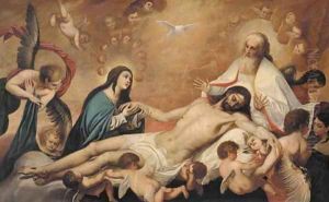 The Holy Trinity with a female saint lamenting the dead Christ by Pedro Anastasio Bocanegra