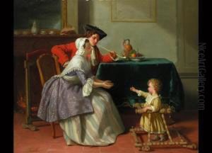 Die Ersten Schritte
 Junges, Elegantes Paar Am Tisch Mit Samtdecke, Weinkrug Und Fruchtschale. Im Kamin Brennt Das Feuer.
 Ol Auf Holz