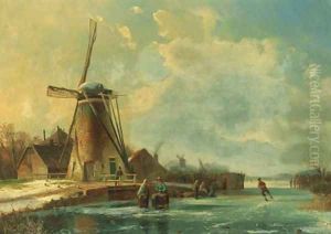 A winter landscape with skaters near a koek-en-zopie stand