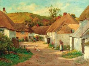 Figures and geese before thatched cottages