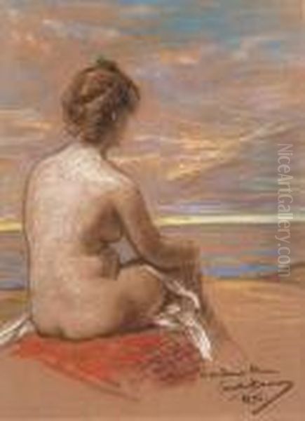 Une Femme Nue Assise Vue De Dos Regardant La Mer - view 1