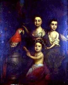 Portrait of Three Children with a Macaw by Robert Byng or Bing