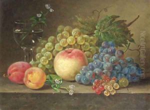 A still life with peaches and grapes on a ledge