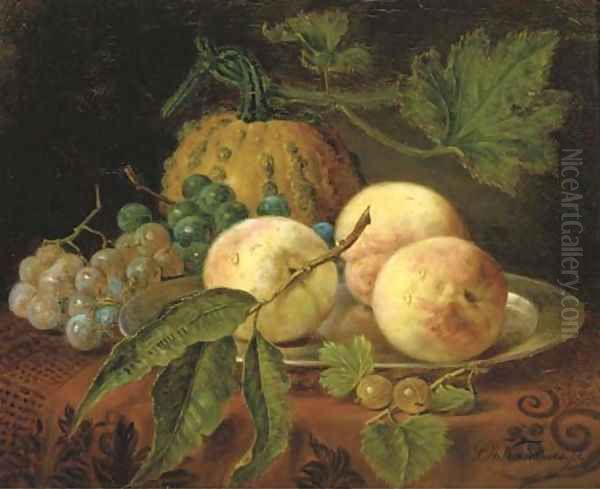 Peaches, grapes and a pumpkin on a table - view 1