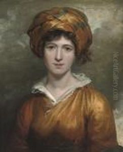 Portrait Of A Lady, Bust-length, In A Yellow Dress And Blue And Yellow Turban