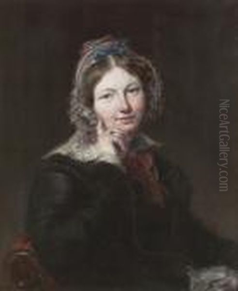 Portrait Of A Lady Half Length, Seated, Wearing A Black Dress With White Trim - view 1