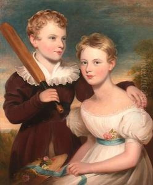 *ortrait, Half Length Of A Young
 Boy Holding A Cricket Bat And A Seated Young Lady In A Landscape - view 1