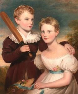 *ortrait, Half Length Of A Young
 Boy Holding A Cricket Bat And A Seated Young Lady In A Landscape by Margaret Sarah Carpenter